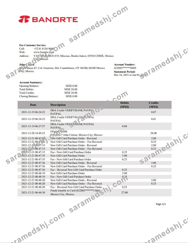 Mexico Banorte bank statement